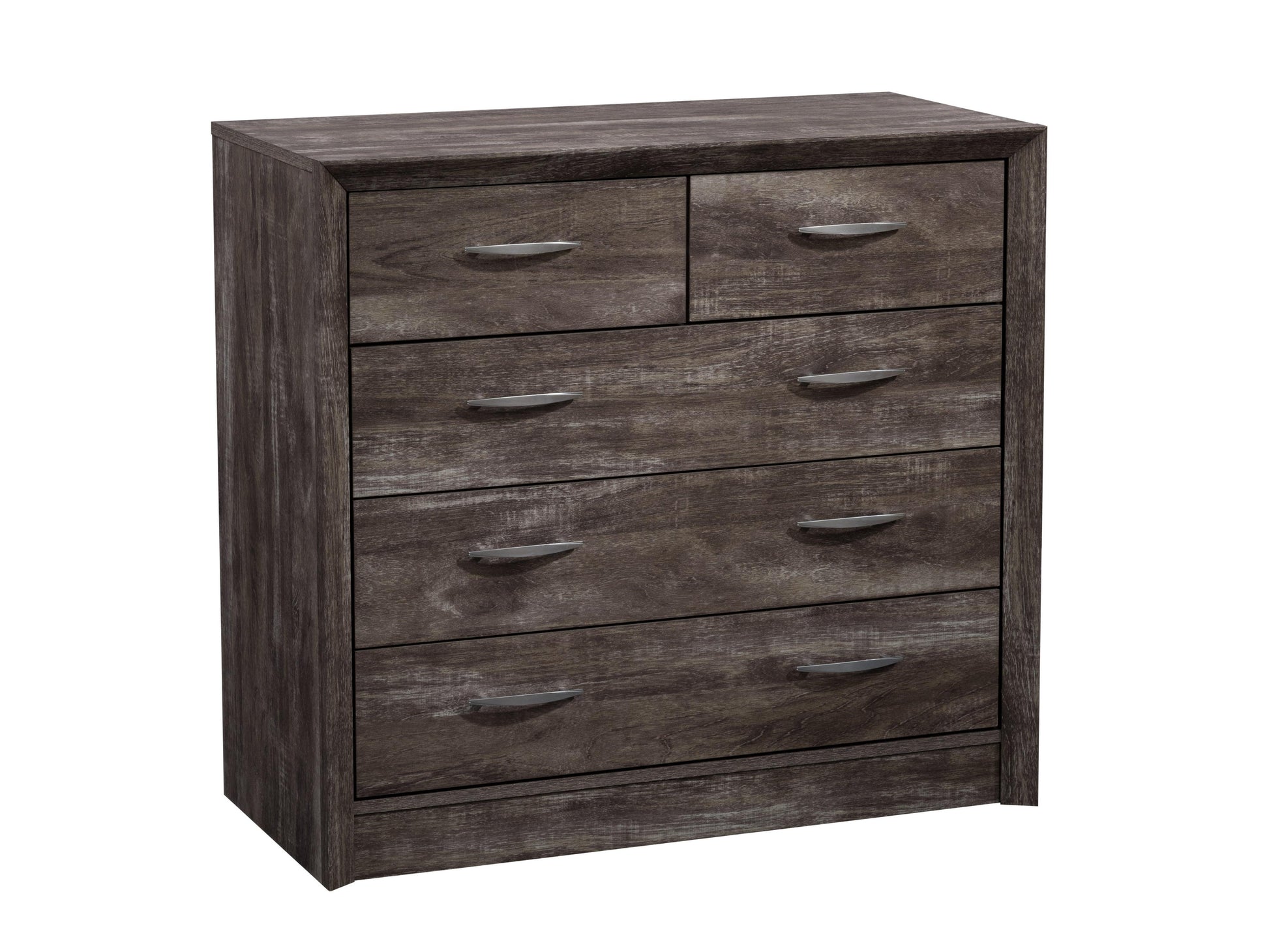 Modern wooden dresser in walnut finish with six spacious drawers and sleek metal handles, featuring a minimalist design and smooth texture, perfect for contemporary bedroom decor.