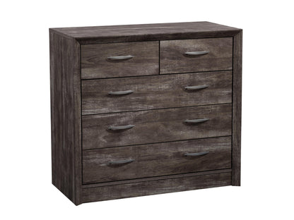 Modern wooden dresser in walnut finish with six spacious drawers and sleek metal handles, featuring a minimalist design and smooth texture, perfect for contemporary bedroom decor.