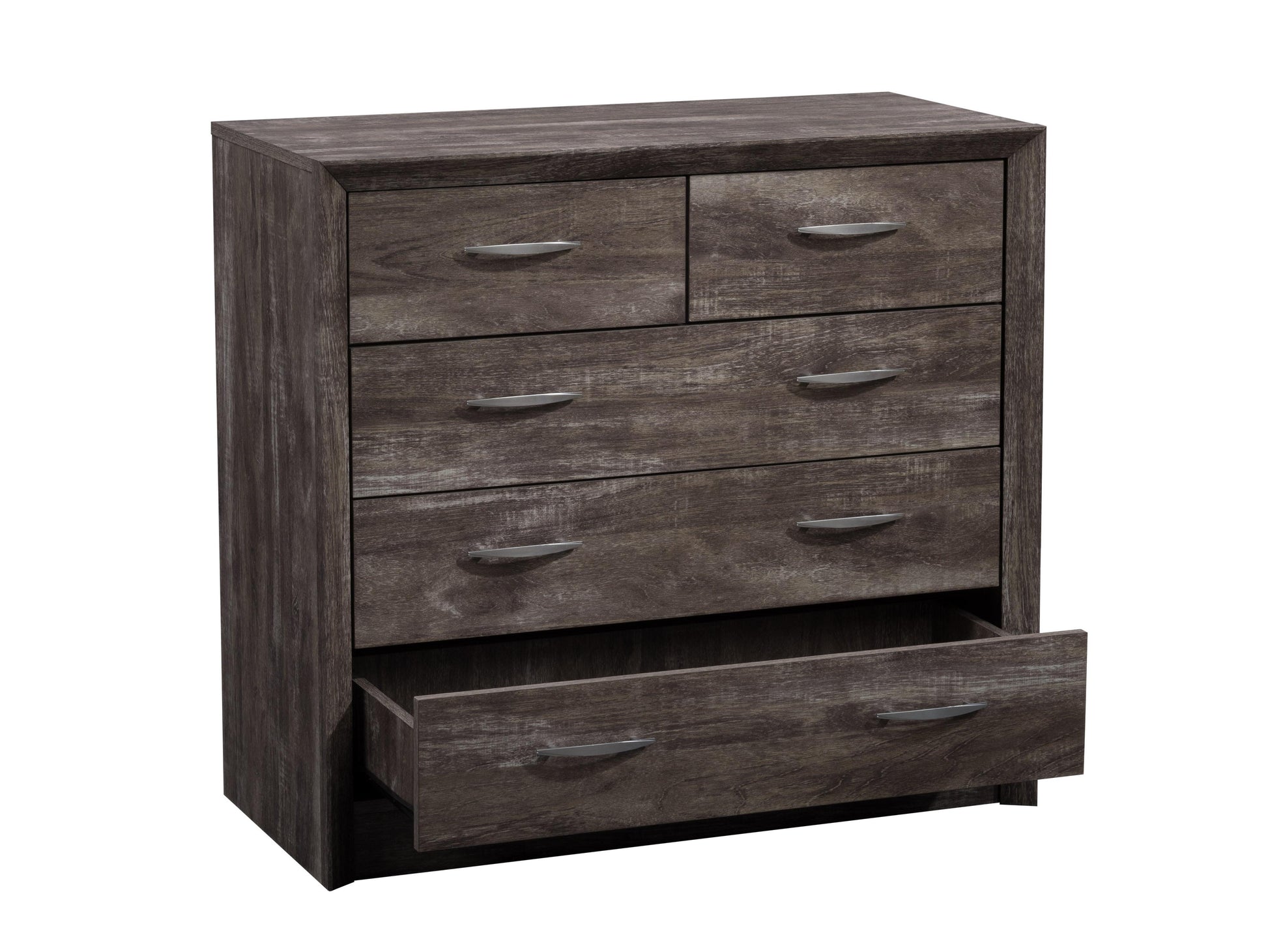 Modern white dresser with six wooden drawers, sleek metal handles, and minimalist design. Perfect for contemporary bedroom decor.