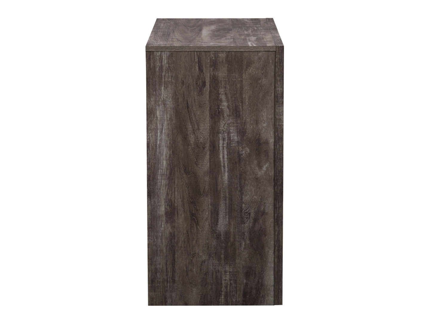 Mid-century modern dresser with six walnut wood drawers, sleek metal handles, and tapered legs in a rich brown finish.