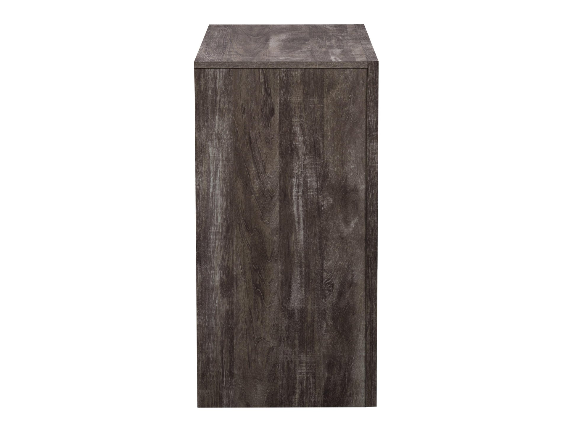 Mid-century modern dresser with six walnut wood drawers, sleek metal handles, and tapered legs in a rich brown finish.