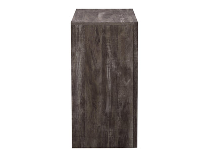 Mid-century modern dresser with six walnut wood drawers, sleek metal handles, and tapered legs in a rich brown finish.