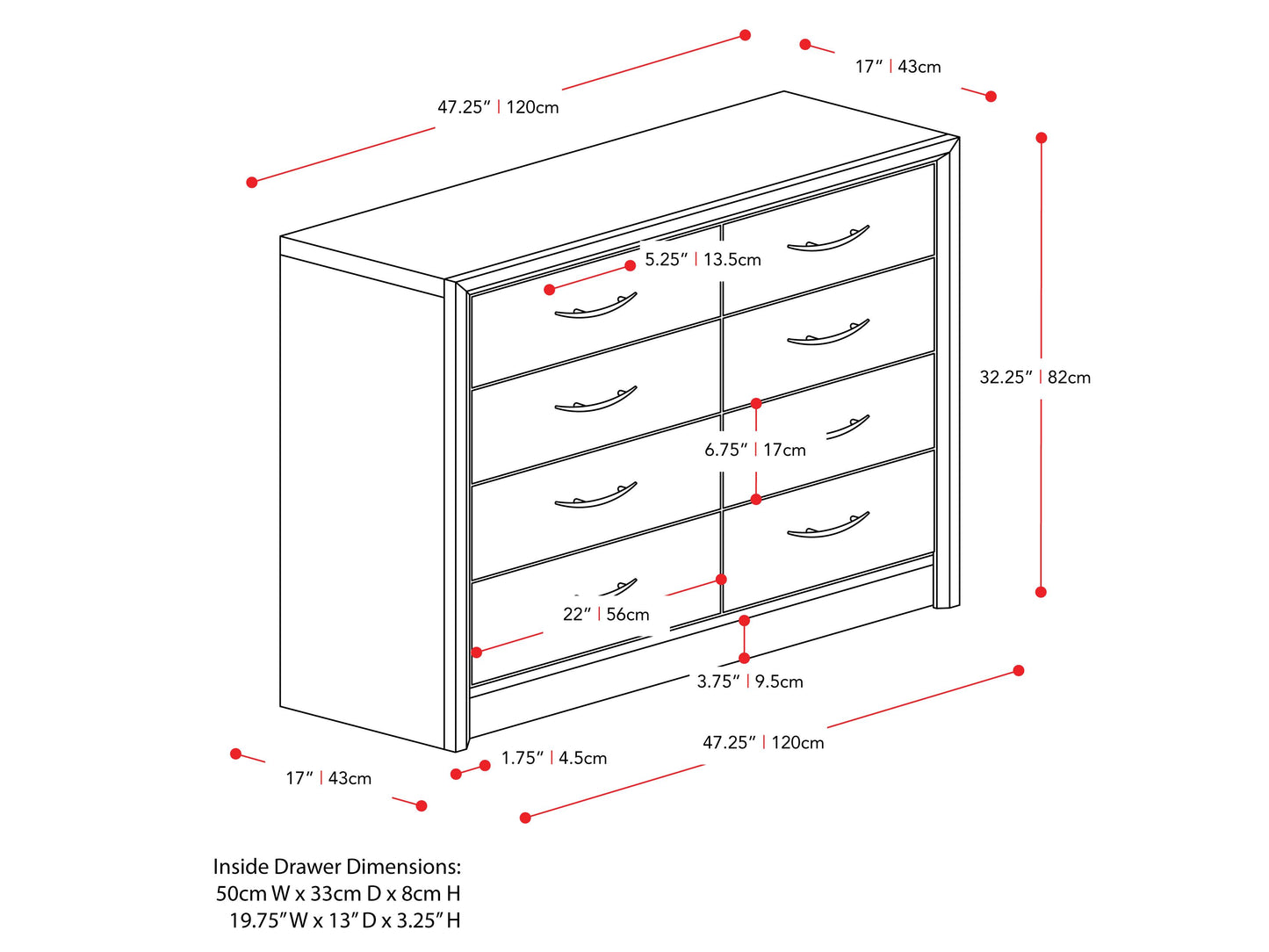 Modern 8 drawer dresser with a sleek white finish, natural wood top, and metal handles. Ideal for bedroom storage, featuring a minimalist design that blends with contemporary decor.