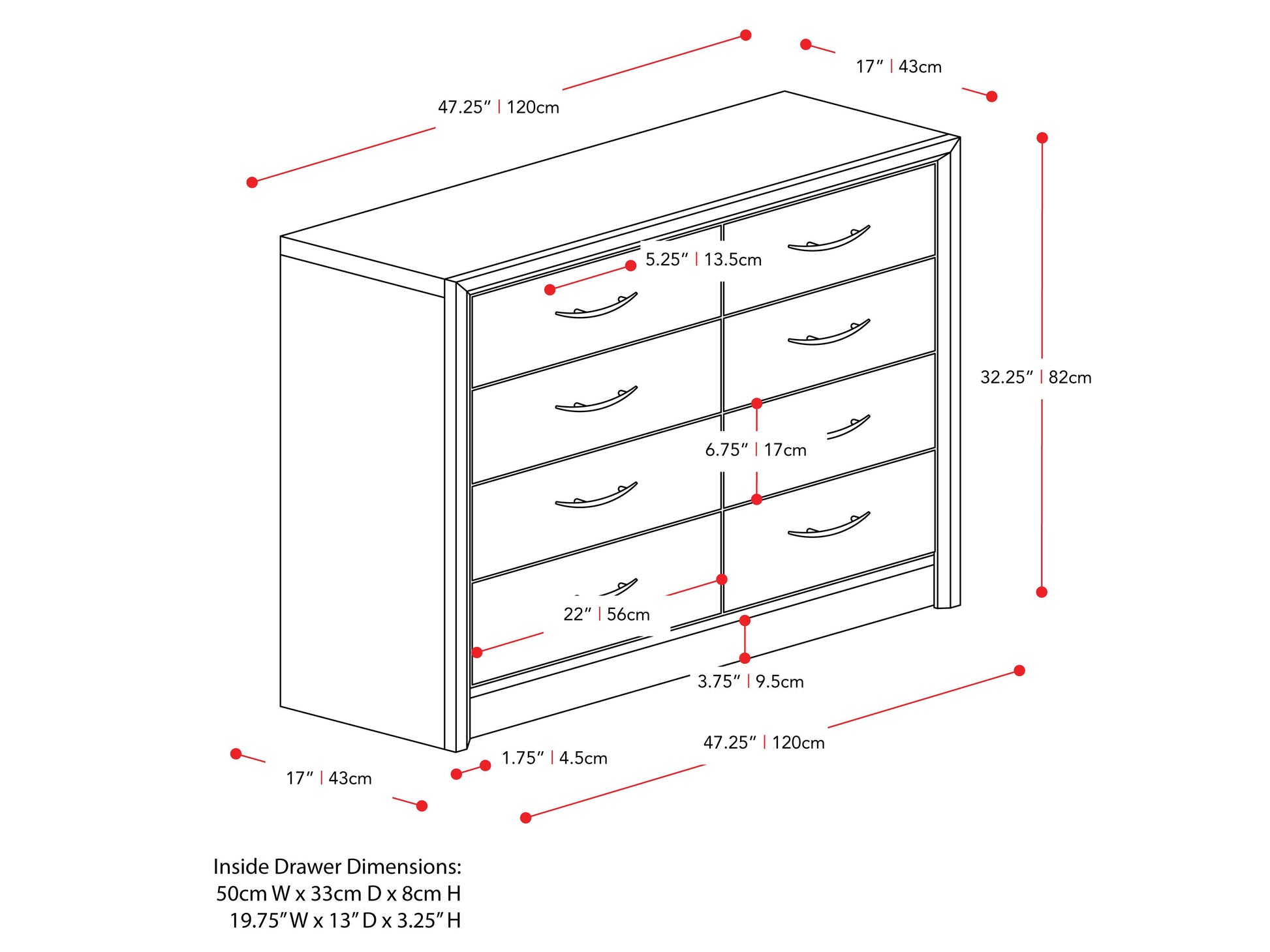Modern 8 drawer dresser with a sleek white finish, natural wood top, and metal handles. Ideal for bedroom storage, featuring a minimalist design that blends with contemporary decor.
