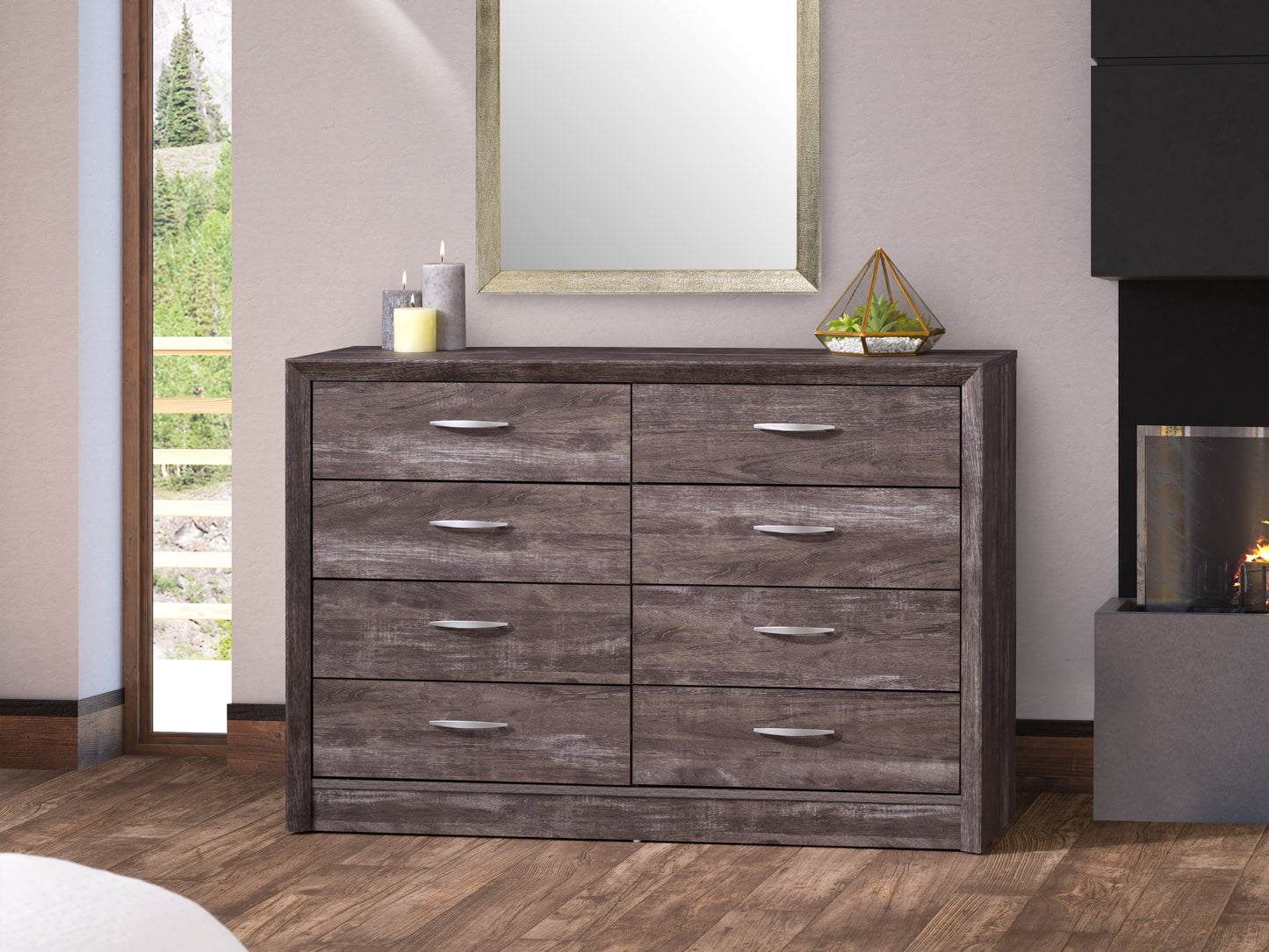 Modern 8 drawer dresser with walnut finish, sleek black metal handles, and a sturdy wooden frame. The dresser features a minimalist design, clean lines, and ample storage space, perfect for contemporary bedrooms.