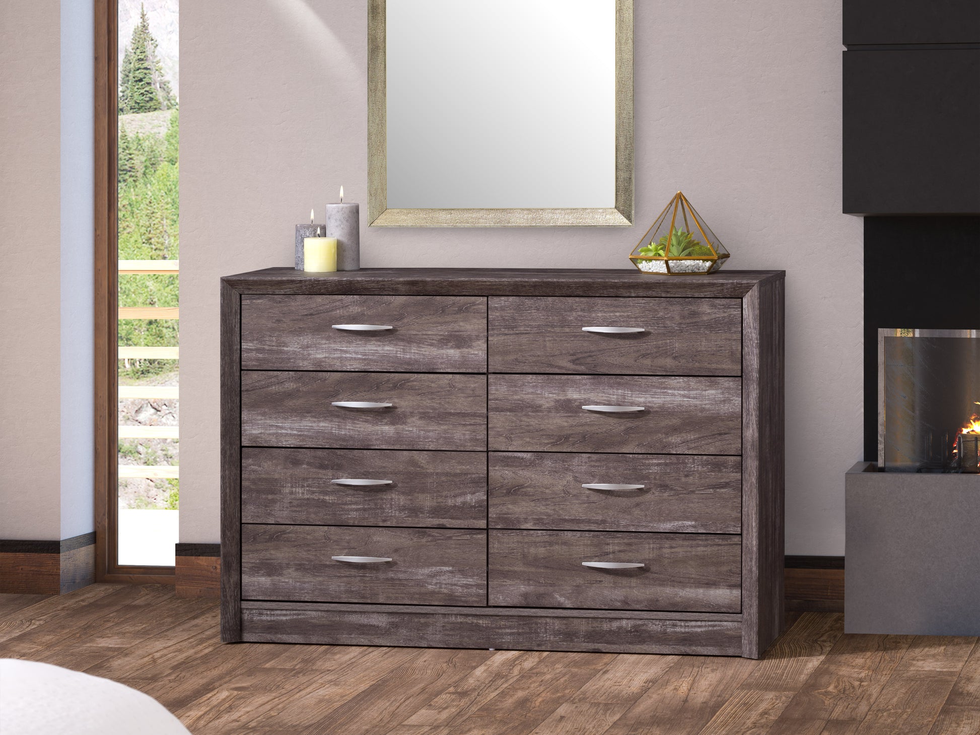 Modern 8 drawer dresser with walnut finish, sleek black metal handles, and a sturdy wooden frame. The dresser features a minimalist design, clean lines, and ample storage space, perfect for contemporary bedrooms.
