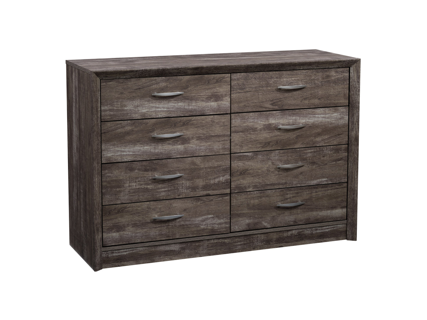 Alt Tag: Modern 8 drawer dresser in walnut finish with sleek metal handles, sturdy wood construction, and smooth drawer operation, perfect for bedroom storage and organization.