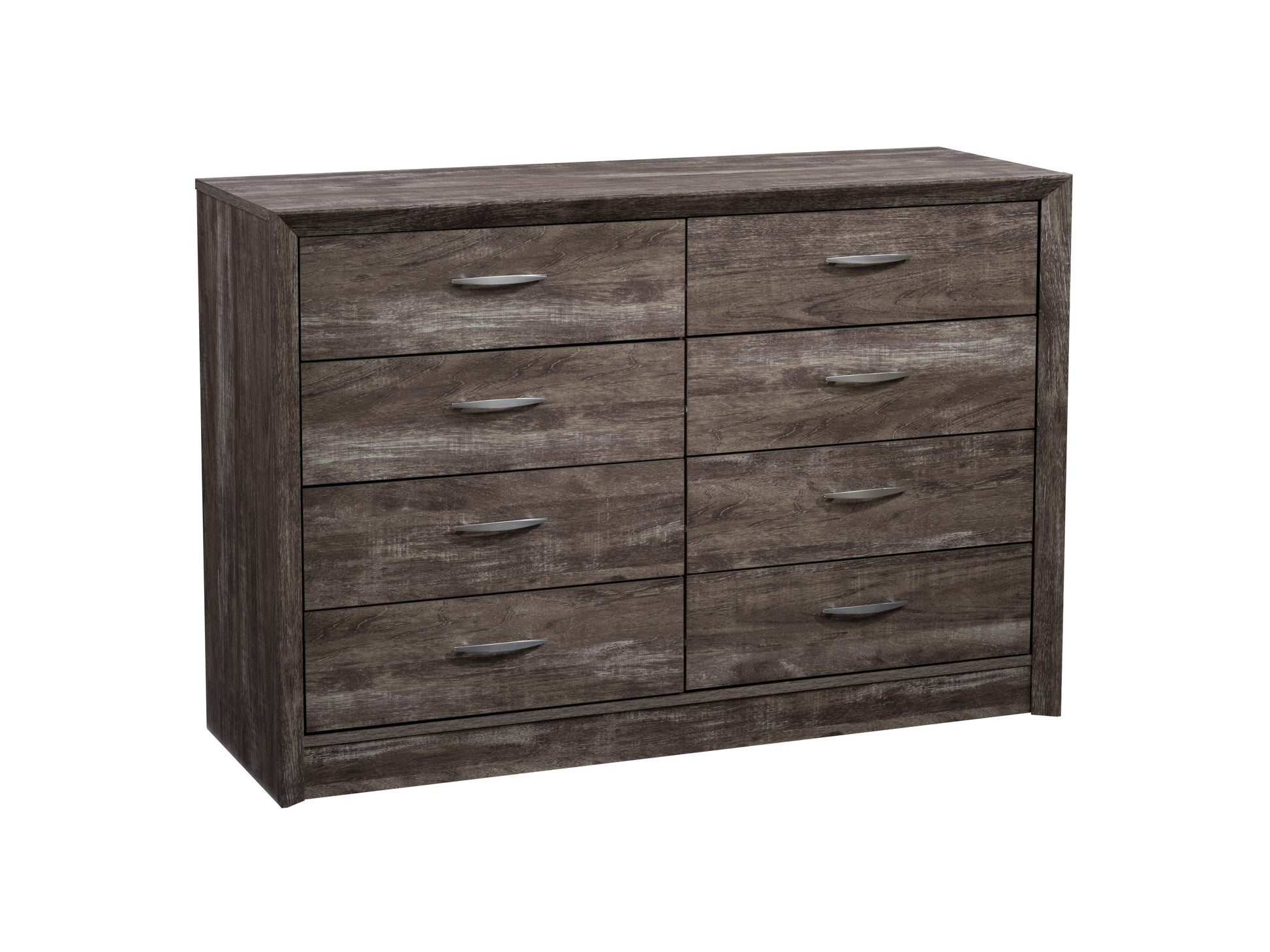 Alt Tag: Modern 8 drawer dresser in walnut finish with sleek metal handles, sturdy wood construction, and smooth drawer operation, perfect for bedroom storage and organization.