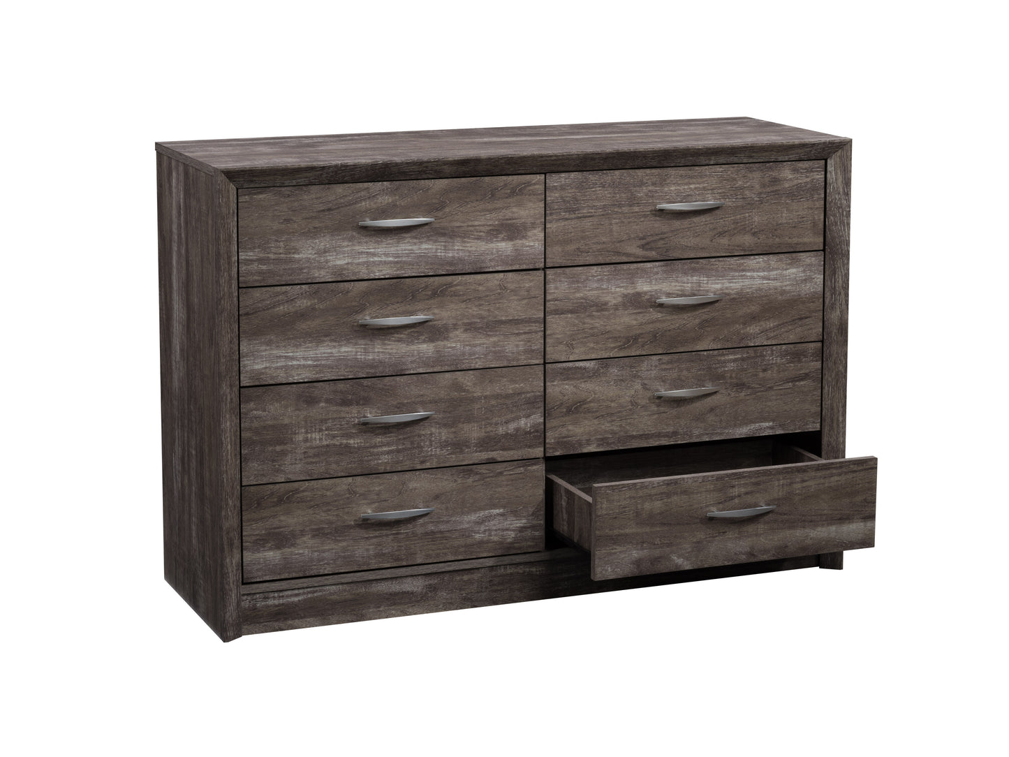 Modern 8-drawer dresser in matte white finish with natural wood accents, featuring sleek metal handles and a minimalist design perfect for contemporary bedrooms.