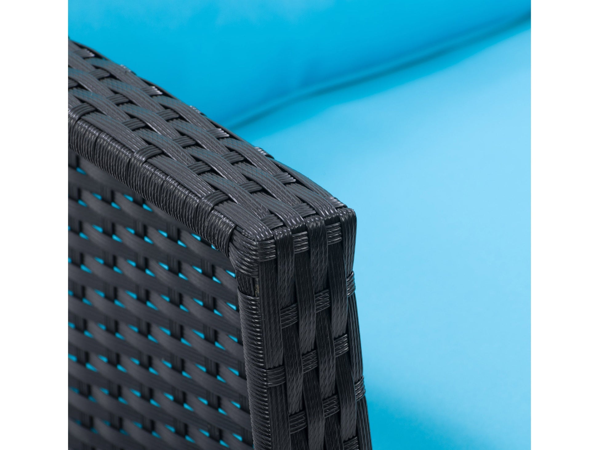Black wicker patio set with turquoise cushions, 4-piece outdoor conversation set, modern and durable design.