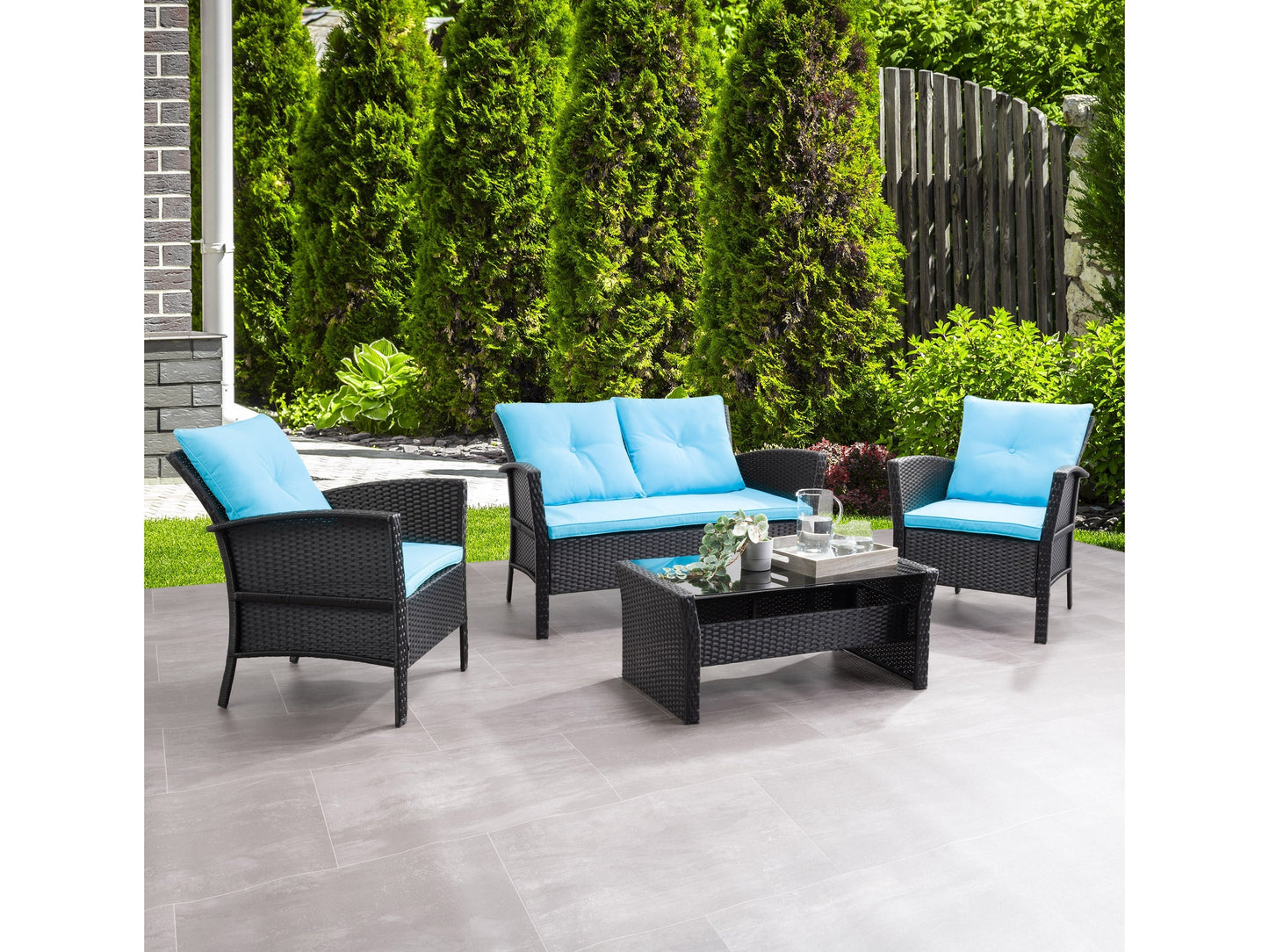 4-piece black and turquoise wicker patio set with cushions, includes sofa, chairs, and coffee table, outdoor furniture