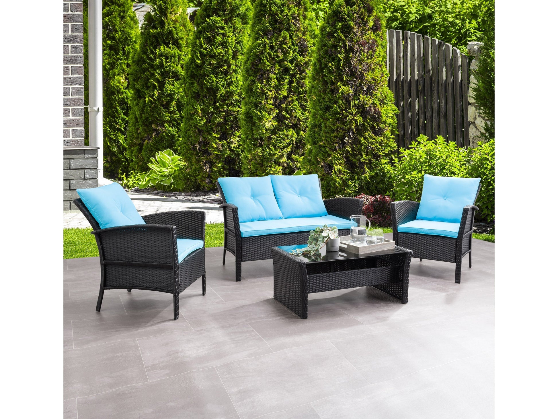 4-piece black and turquoise wicker patio set with cushions, includes sofa, chairs, and coffee table, outdoor furniture