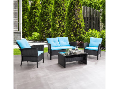 4-piece black and turquoise wicker patio set with cushions, includes sofa, chairs, and coffee table, outdoor furniture