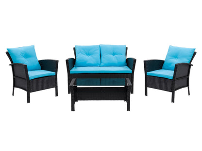 Outdoor wicker furniture set with light gray cushions; sofa and two chairs with glass coffee table