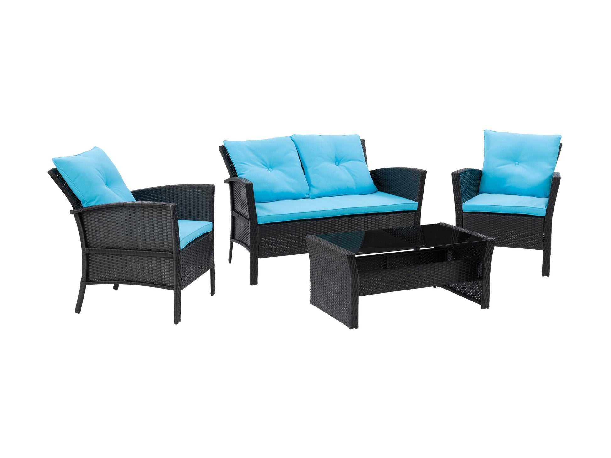 Wicker patio set, 4-piece, black and turquoise cushions, outdoor furniture, modern design, durable materials.