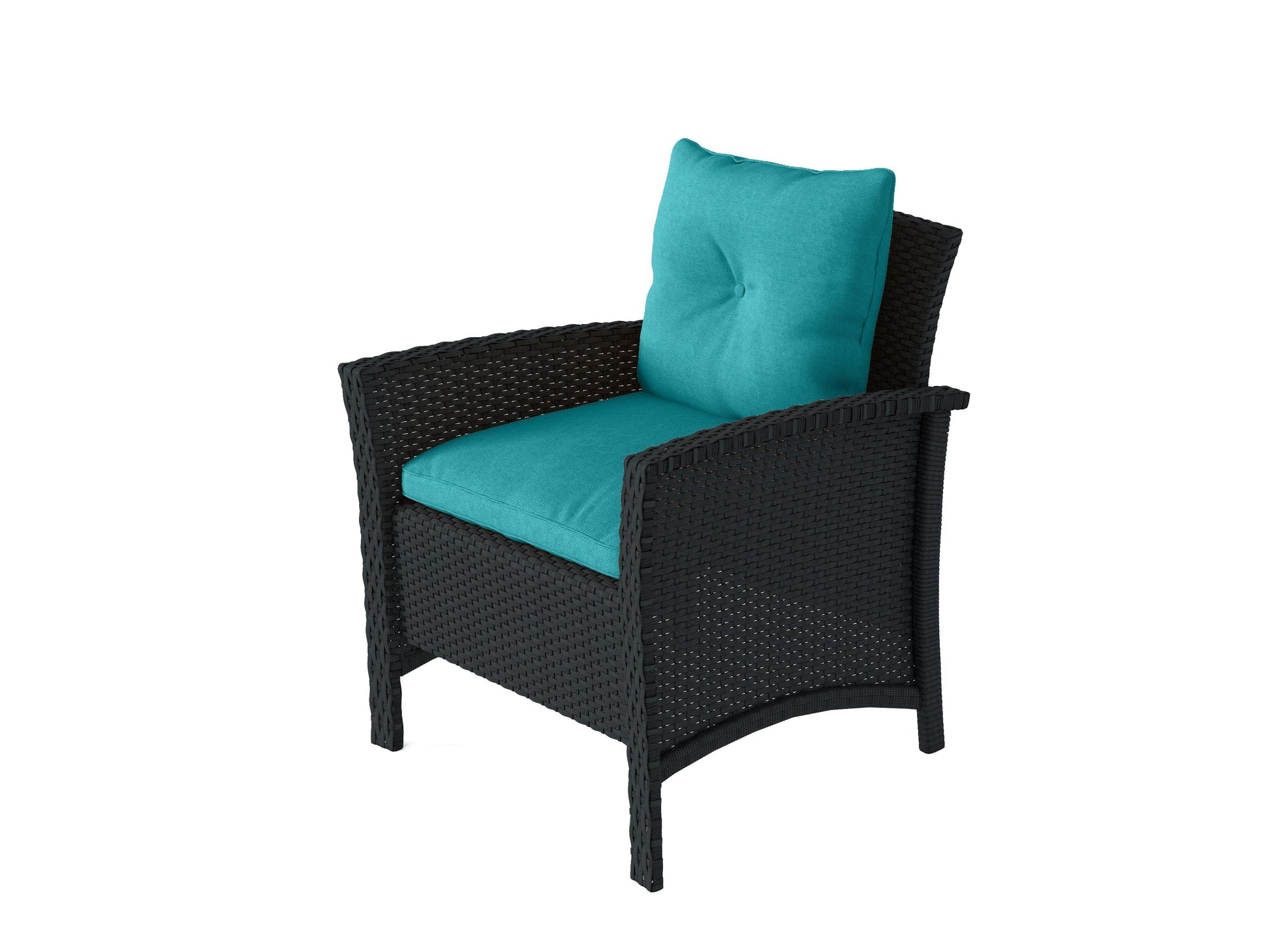 Black and turquoise wicker patio set, 4-piece, with cushions and glass-top coffee table for outdoor seating.