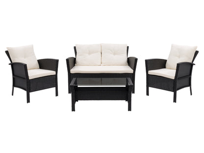 Outdoor wicker furniture set with red cushions; sofa and chairs with glass coffee table