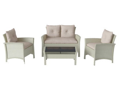 Outdoor wicker furniture set with charcoal cushions; sofa and two chairs with glass-topped table