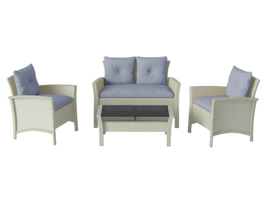 4 piece wicker patio set with light blue cushions, brown rattan frame, and glass coffee table.