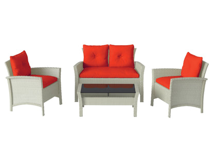 Outdoor wicker furniture set with red cushions; sofa and two chairs with a glass coffee table