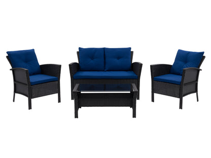 Outdoor wicker furniture set with blue cushions; sofa and two chairs with matching glass coffee table