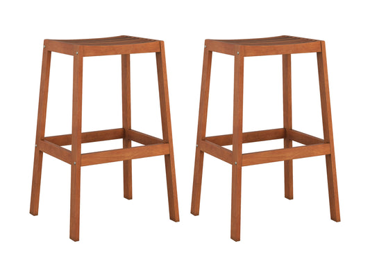 Natural wood patio bar stools, set of 2, brown finish, slatted backrest, and sturdy construction.