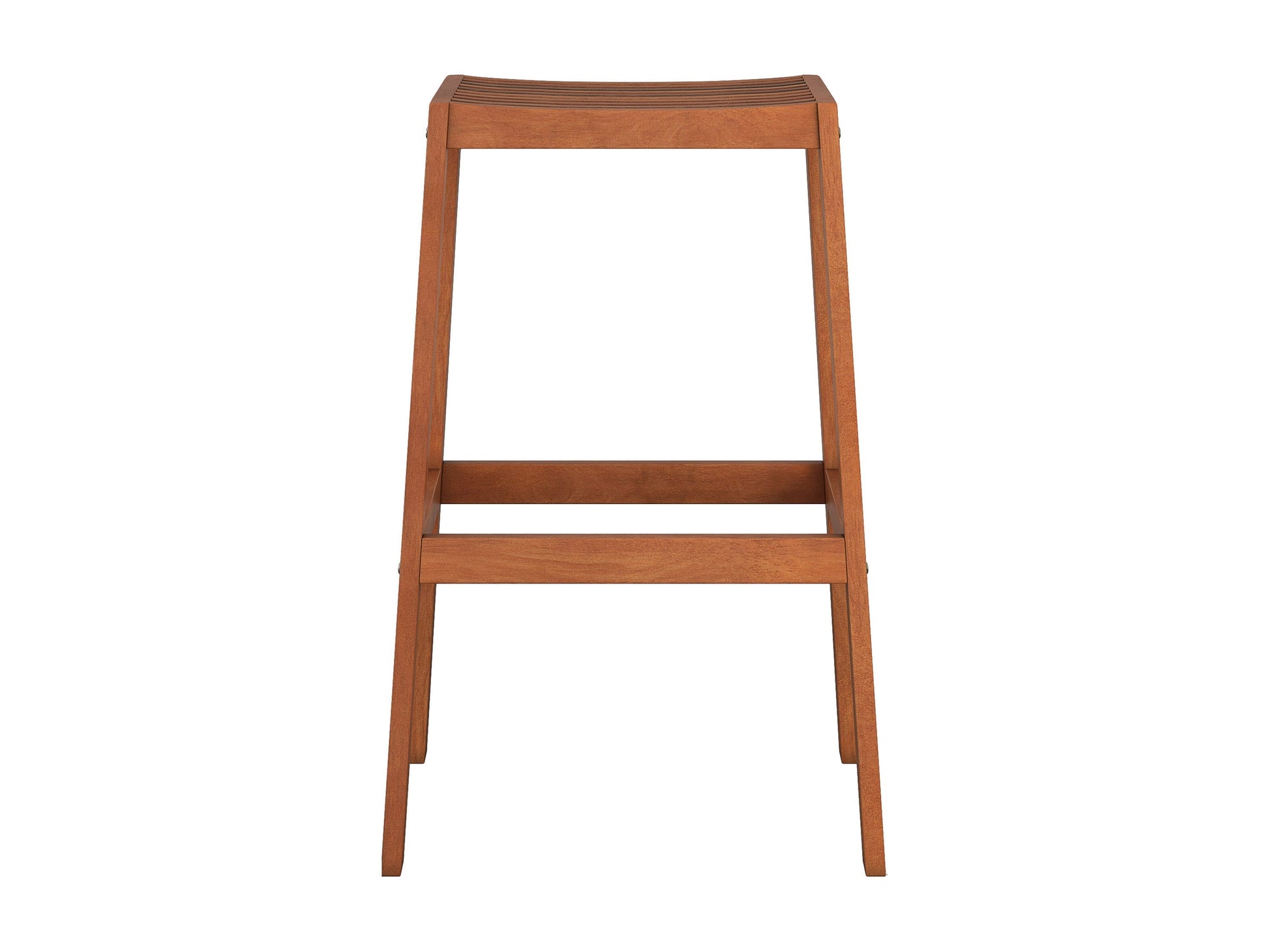 Natural wood patio bar stools set, brown finish, curved backrest, and sturdy metal footrest.