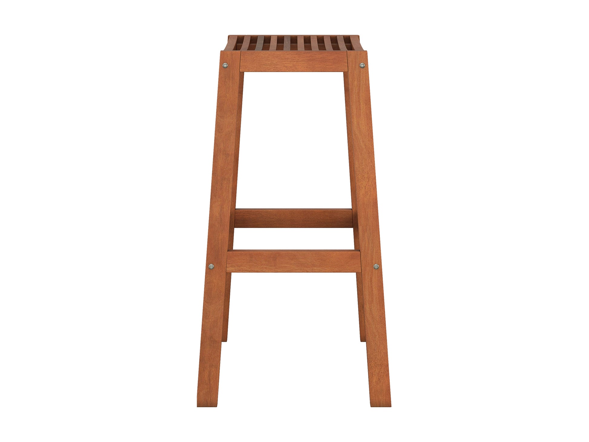 Natural wood patio bar stools, set of 2, with brown finish, slatted backs, and sturdy construction.