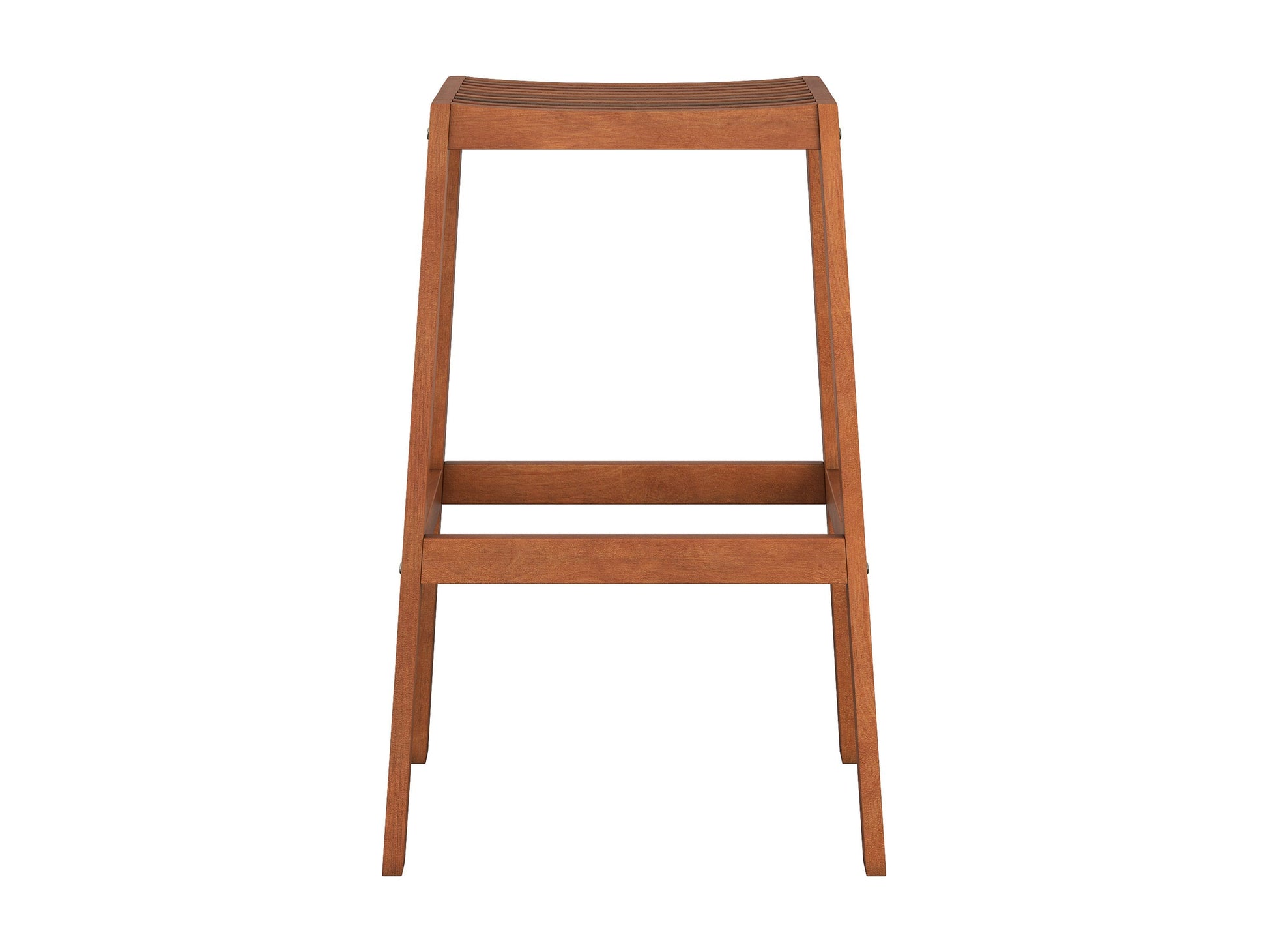 Natural wood patio bar stools, set of 2, brown finish, slatted seat, and backrest, sturdy metal frame.