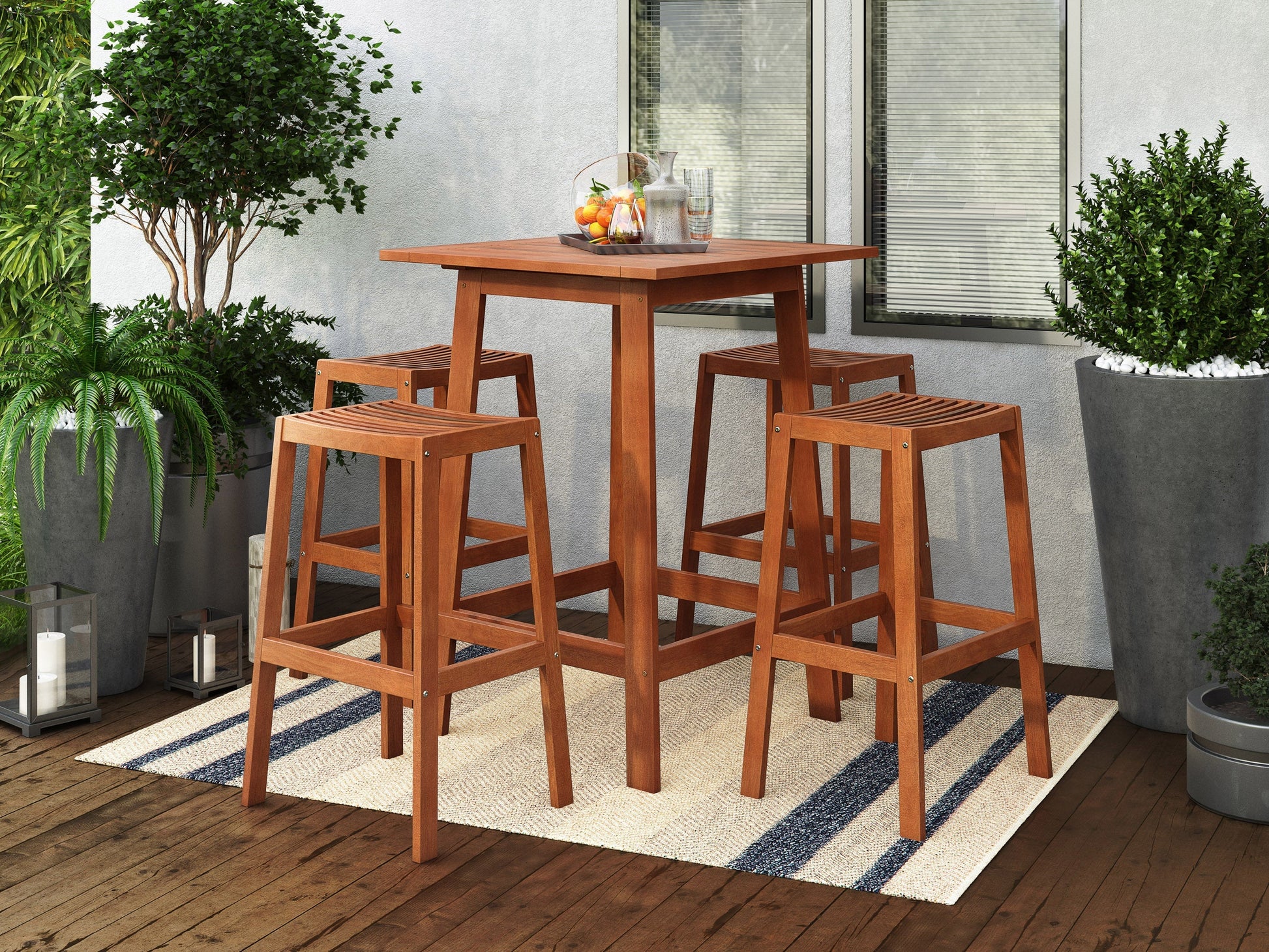 Brown patio bar set with 4 stools, wooden table, and metal frames, perfect for outdoor dining and entertaining.