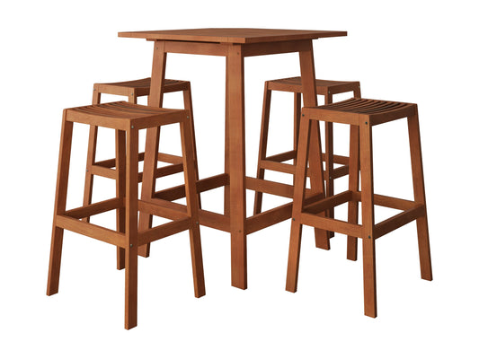 Outdoor patio bar set, brown wicker, 5-piece, includes bar table and four stools with beige cushions.