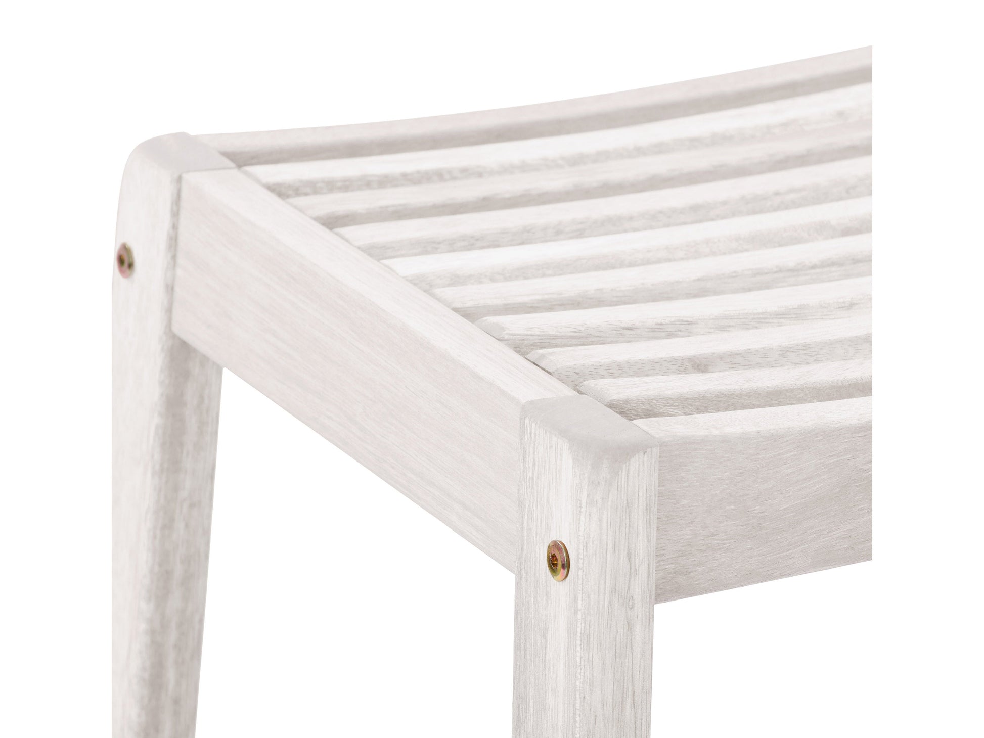 Washed white natural wood patio bar stools, set of 2, with curved backrest and footrest.