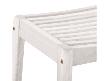 Washed white natural wood patio bar stools, set of 2, with curved backrest and footrest.