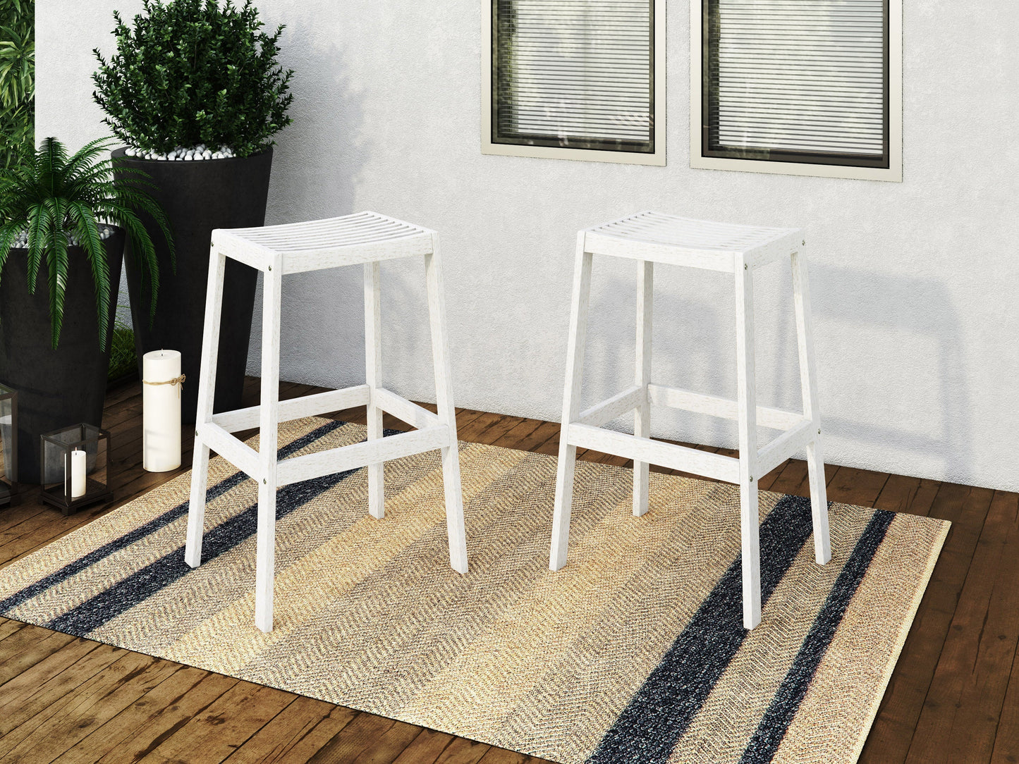 Washed white patio bar stools, natural wood, set of 2, outdoor seating with slatted back and footrest.