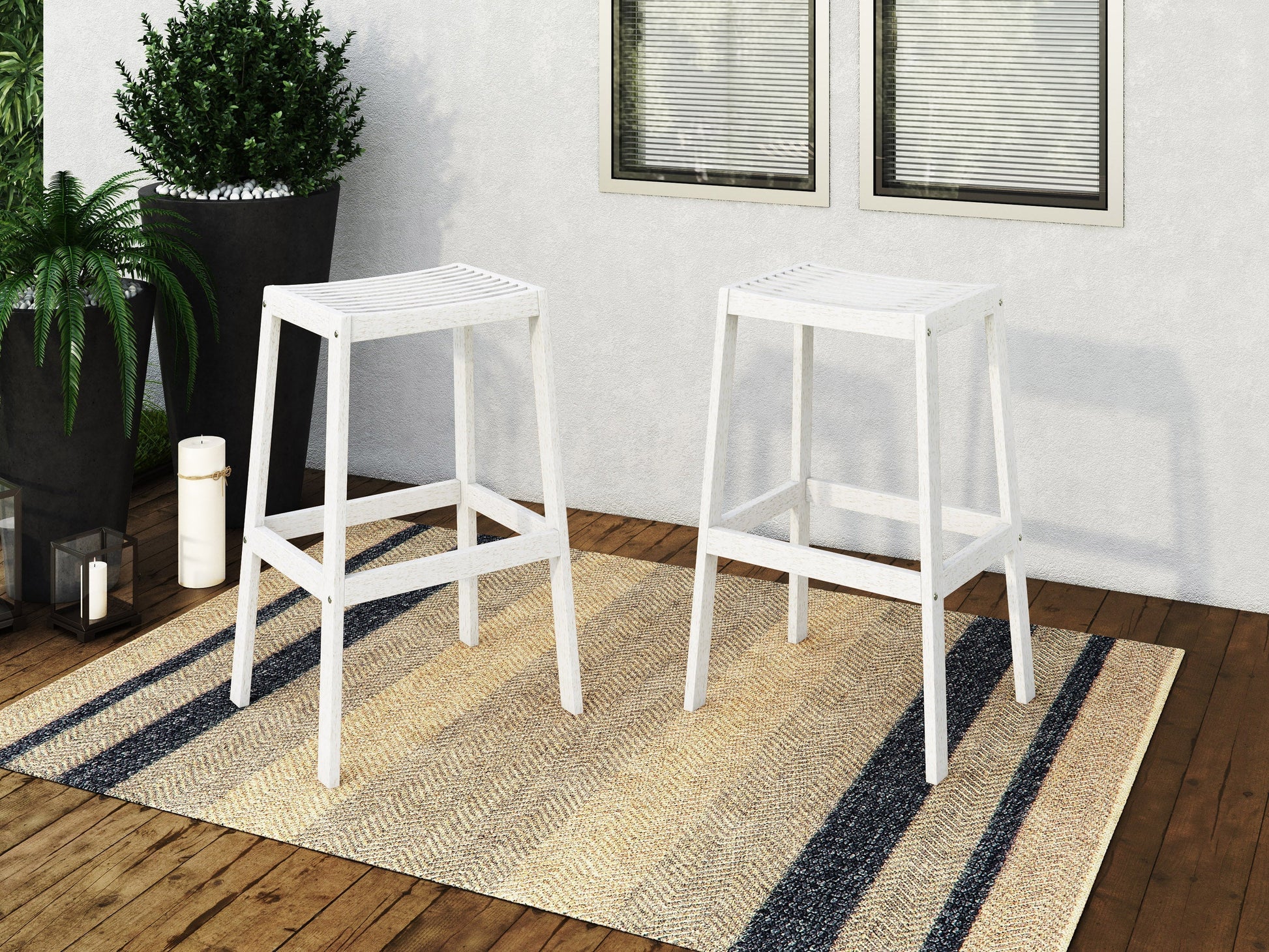 Washed white patio bar stools, natural wood, set of 2, outdoor seating with slatted back and footrest.