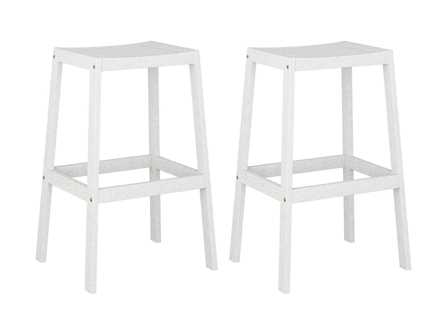 Washed white natural wood patio bar stools, set of 2, with slatted backrest and footrest.