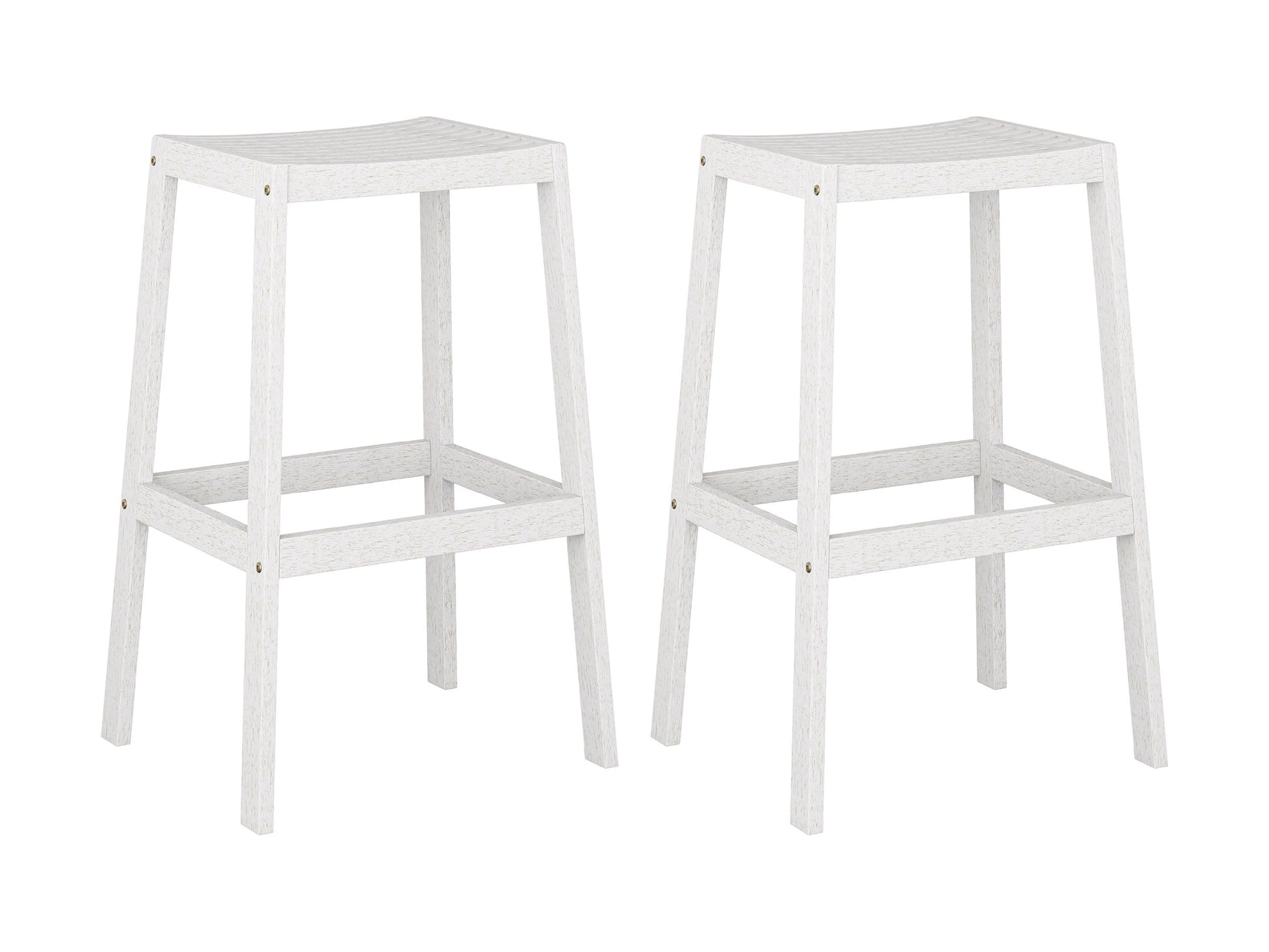 Washed white natural wood patio bar stools, set of 2, with slatted backrest and footrest.