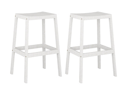 Washed white natural wood patio bar stools, set of 2, with slatted backrest and footrest.