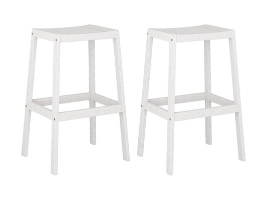 Washed white natural wood patio bar stools, set of 2, with slatted backrest and footrest.