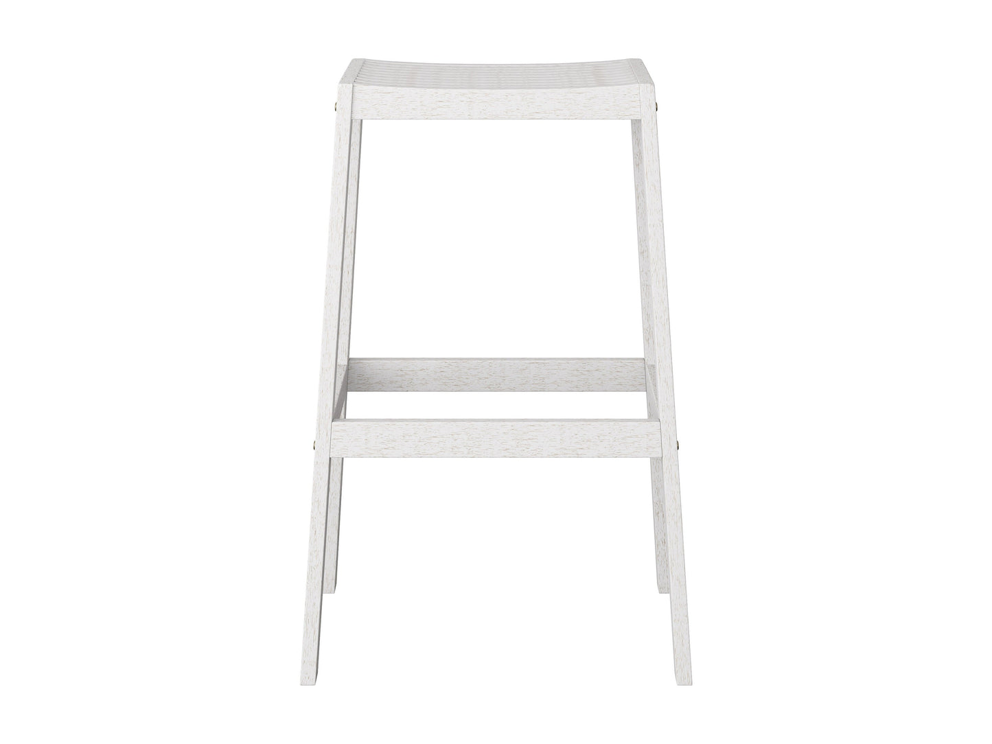 Washed white natural wood patio bar stools, set of 2, with slatted backrest and footrest.