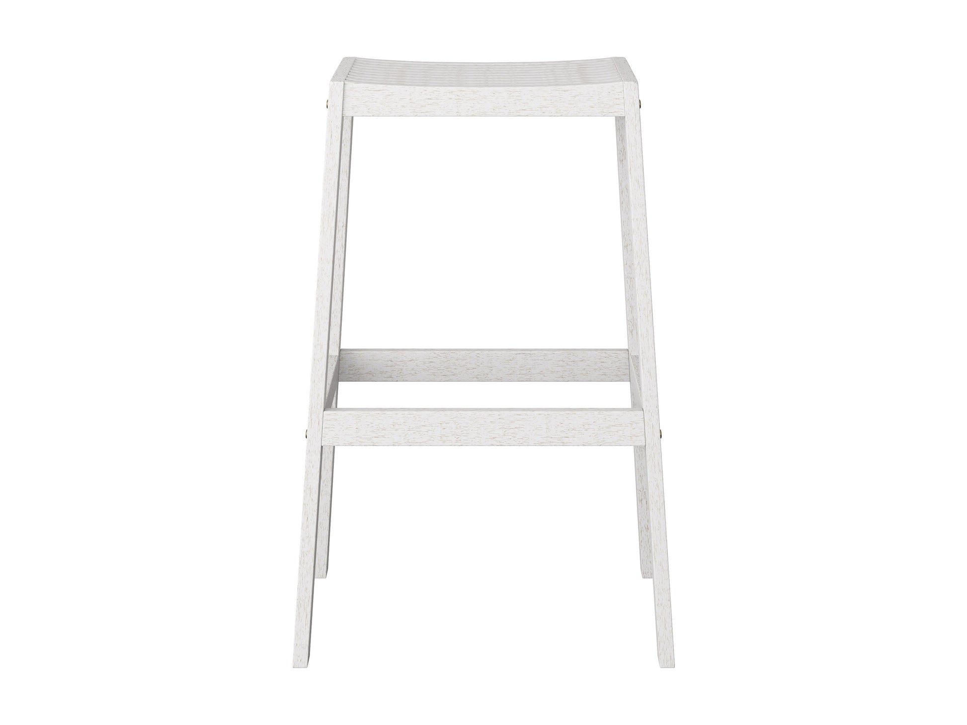 Washed white natural wood patio bar stools, set of 2, with slatted backrest and footrest.