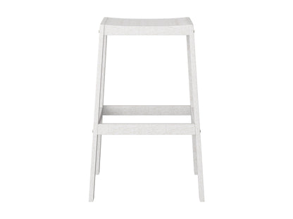 Washed white natural wood patio bar stools, set of 2, with slatted backrest and footrest.