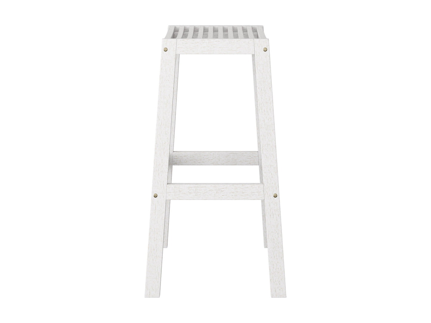 Set of 2 natural wood patio bar stools with washed white finish and comfortable curved seats