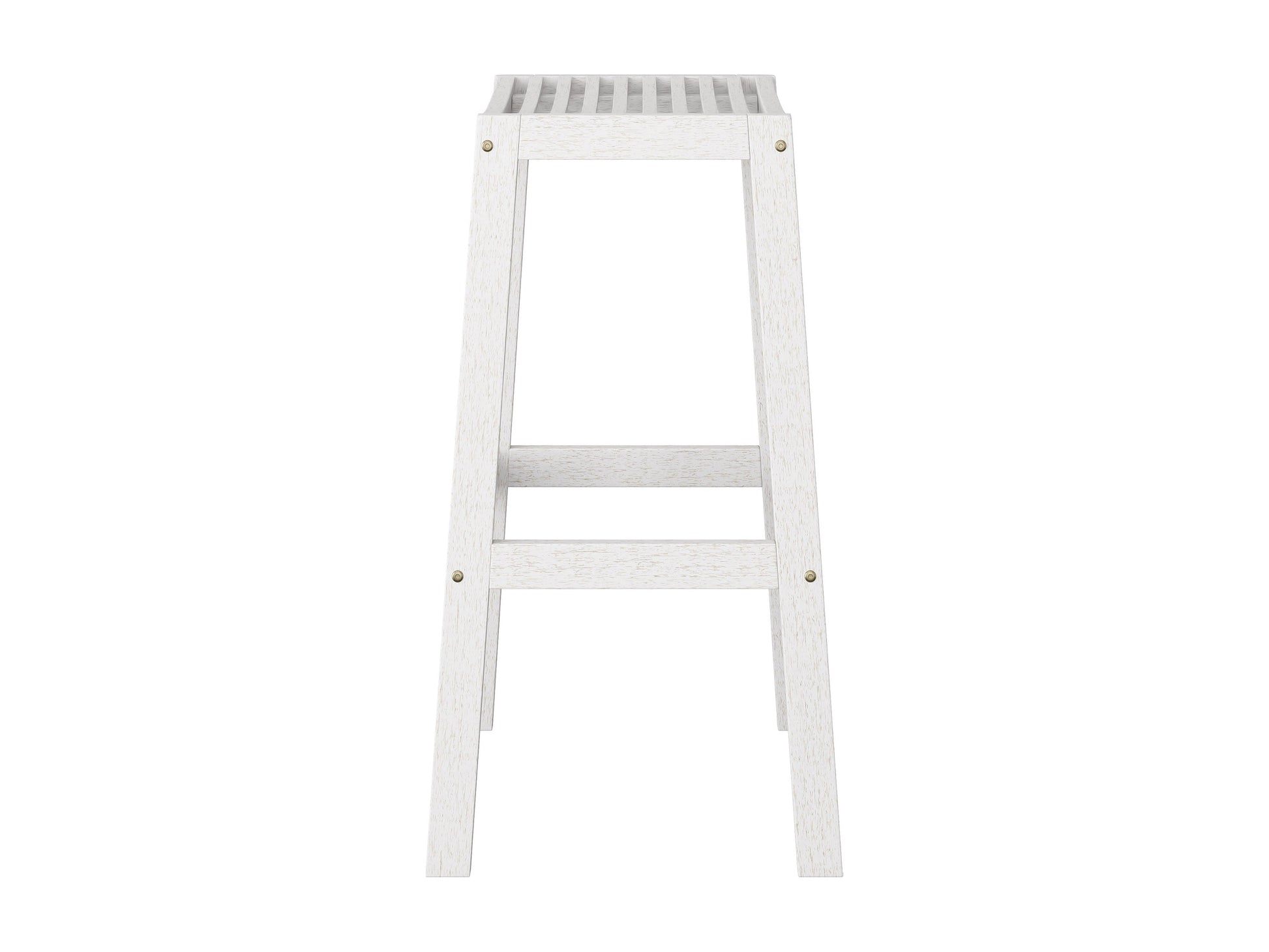 Set of 2 natural wood patio bar stools with washed white finish and comfortable curved seats
