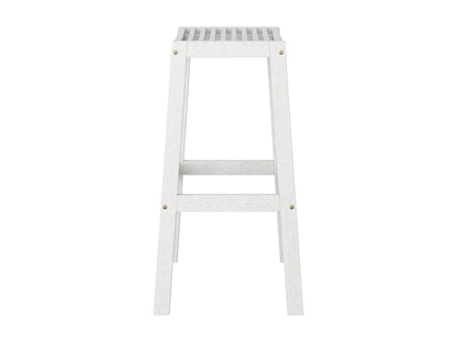 Set of 2 natural wood patio bar stools with washed white finish and comfortable curved seats