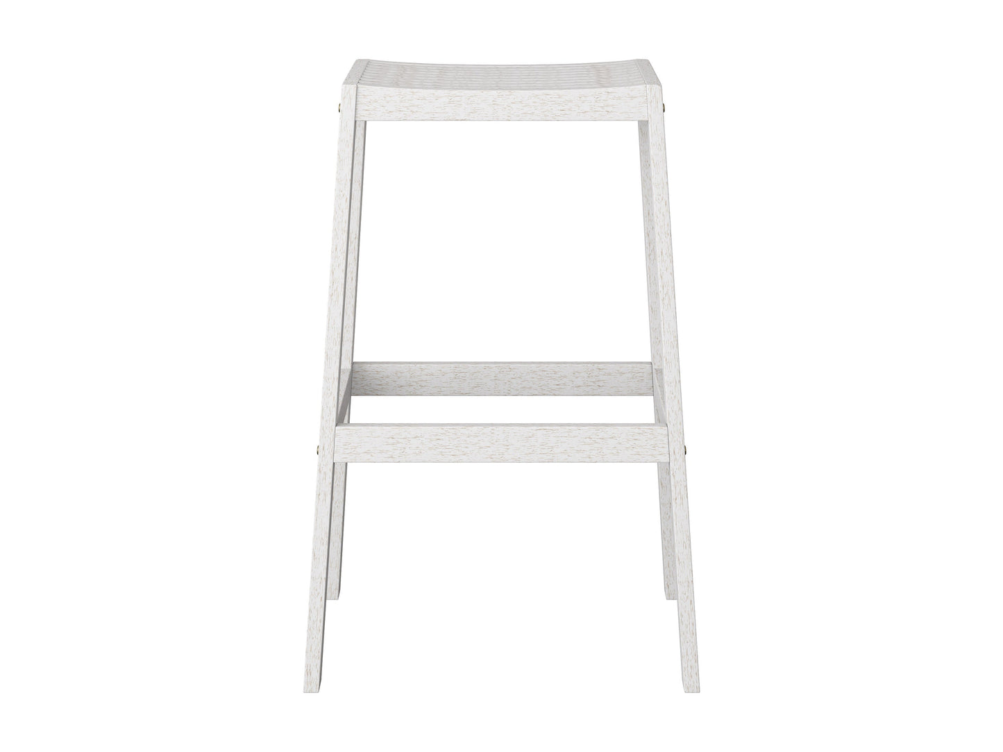 Washed white natural wood patio bar stools, set of 2, with slatted backrest and footrest.