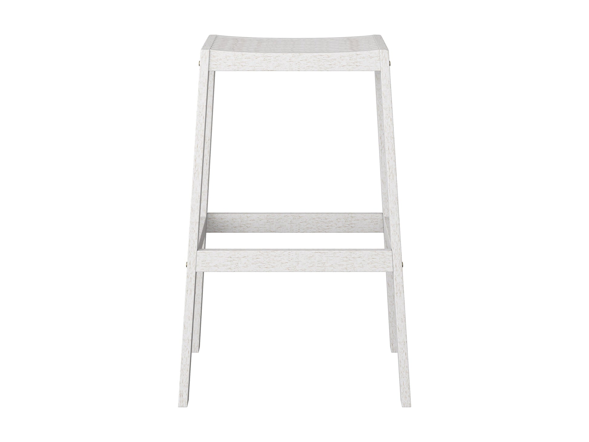 Washed white natural wood patio bar stools, set of 2, with slatted backrest and footrest.
