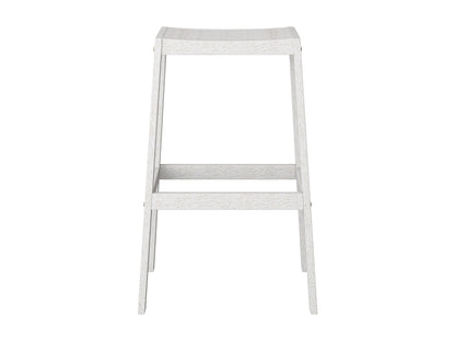 Washed white natural wood patio bar stools, set of 2, with slatted backrest and footrest.