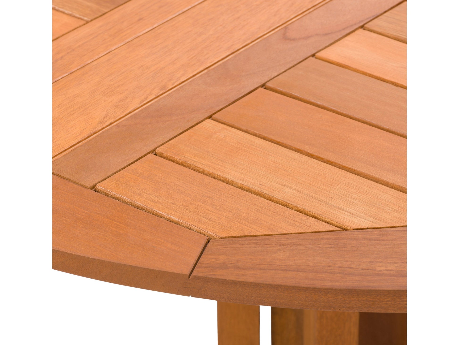 Brown outdoor drop leaf patio table with slatted wood design and foldable sides.