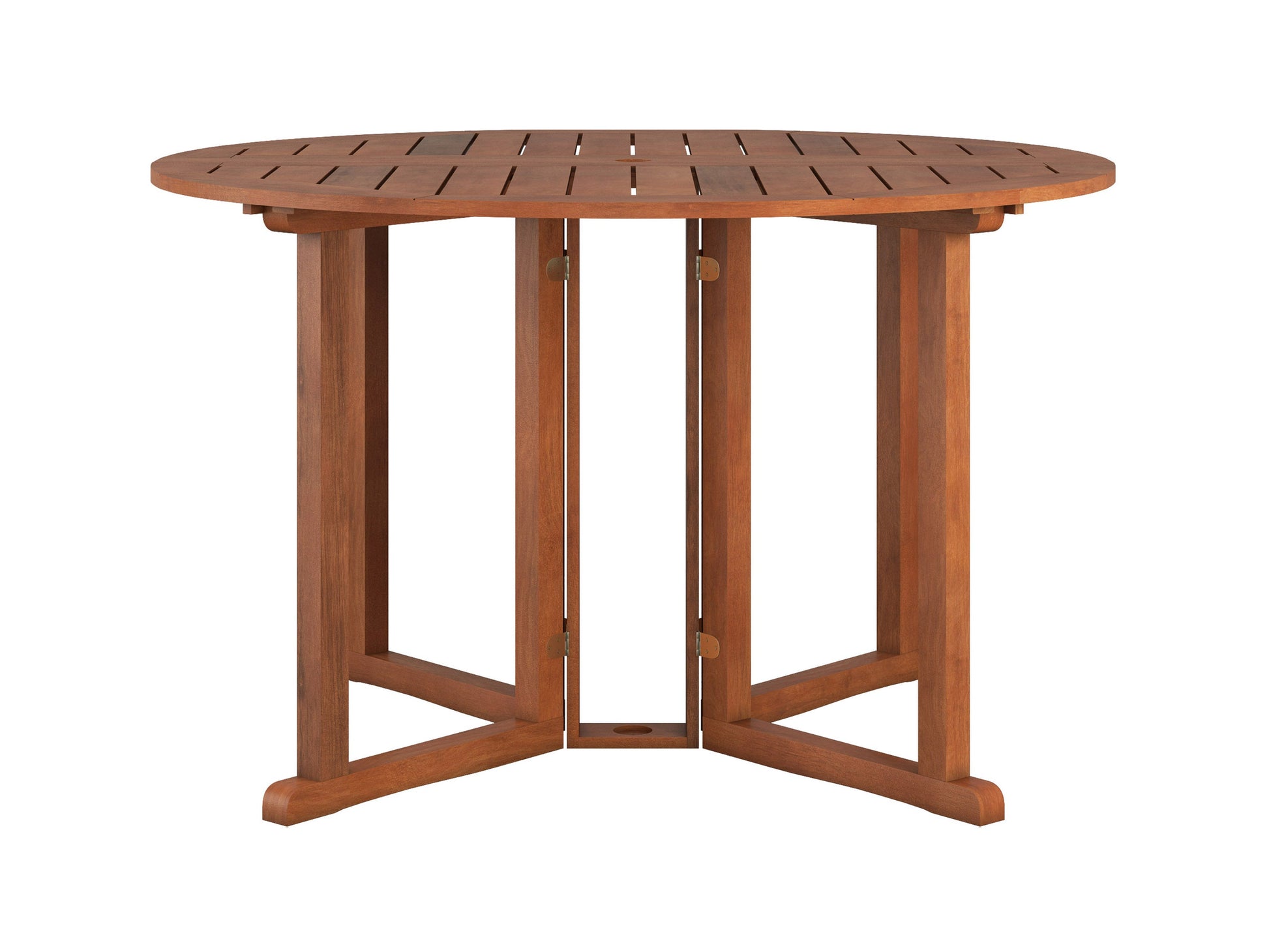 Brown outdoor drop leaf patio table with foldable sides and sturdy wooden construction.